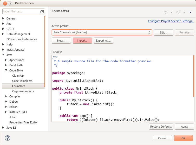 Eclipse Preferences Formatter